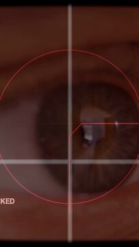 Vertical video: Reticle starting centered scanning brown iris, pointer sliding aligning glint