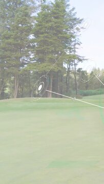 Vertical video: AR UI appearing over green showing golf path for practice as golfer walking pausing