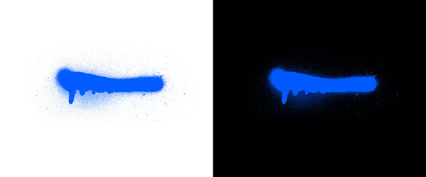 Blue spray paint stroke with drips on white and black background, urban graffiti paint splatter, vibrant aerosol paint line for street art design