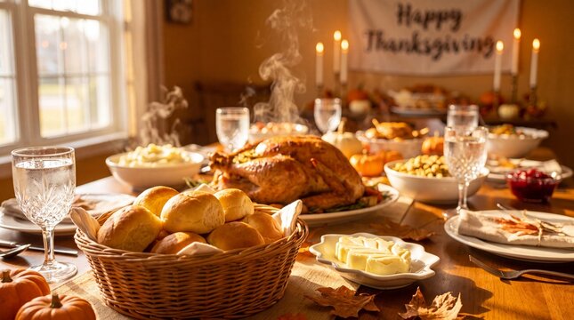 Traditional Thanksgiving dinner table with roasted turkey and steam, festive holiday feast with autumn decorations, warm family celebration meal
