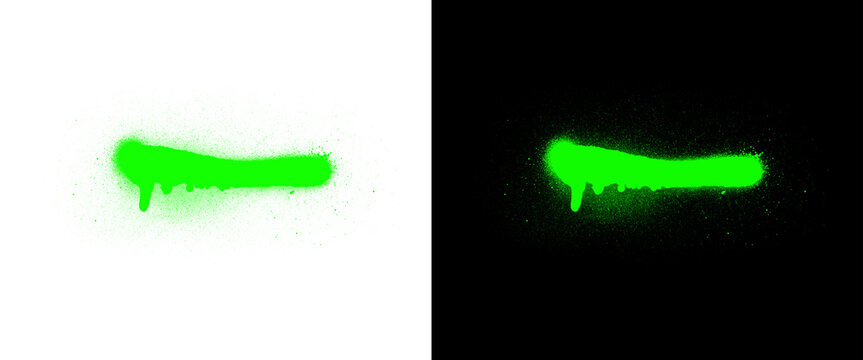 Neon green spray paint stroke with drips, vibrant graffiti aerosol line on white and black backgrounds, urban street art paint splatter texture