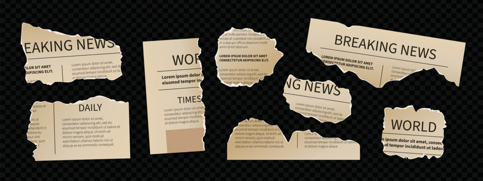 Torn paper pieces with vintage newspaper texture and old clipping elements for collage design. Ripped newsprint scraps with grunge edges and retro typography for scrapbook background overlay.