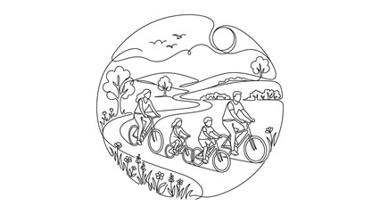 Fototapeta premium Family riding bicycles together on a path in the countryside