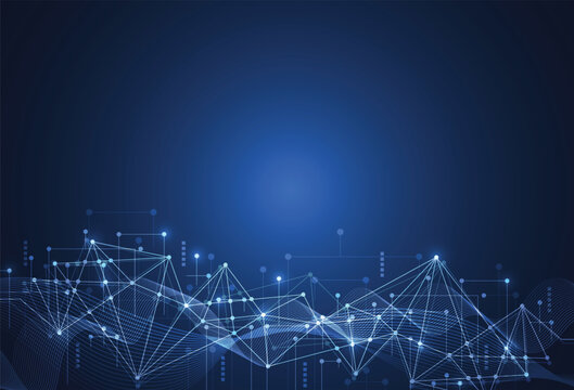 Abstract blue digital network connection with glowing plexus nodes and lines on futuristic technology background
