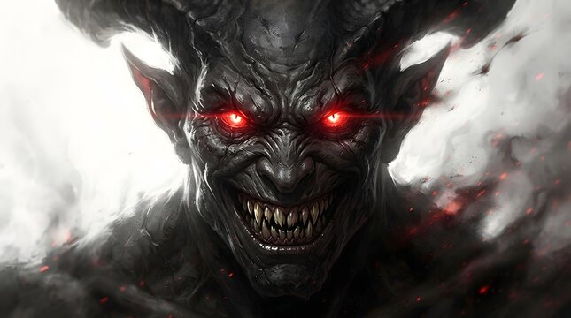 Dark fantasy demon with glowing red eyes and menacing grin