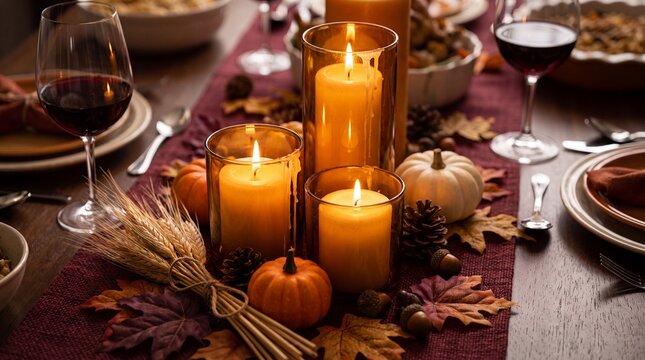 Autumn Thanksgiving table centerpiece with glowing candles, rustic harvest dinner setting with pumpkins and red wine, festive fall holiday celebration
