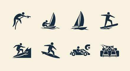 Obraz premium Set of eight sport pictograms including surfing, sailing, windsurfing, racing car, and kitesurfing, isolated on a light background.