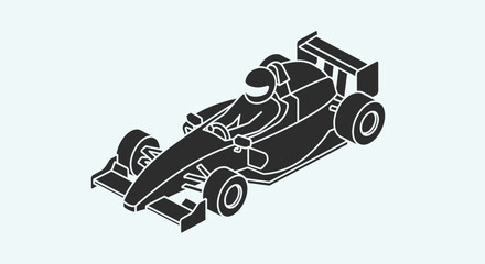 Obraz premium Isometric black and white pictogram of a formula 1 racing car with driver, representing speed and competition