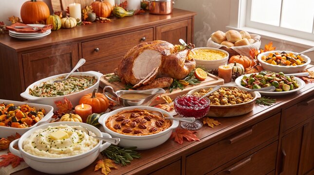 Traditional Thanksgiving dinner buffet with roasted turkey, festive holiday feast on wooden sideboard, autumn harvest celebration meal with side dishes