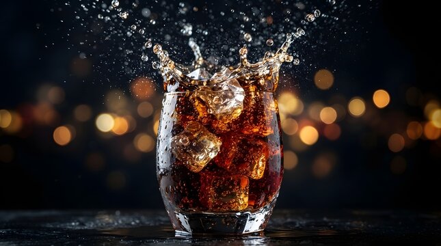 Refreshing glass of cola with ice splashing on dark background