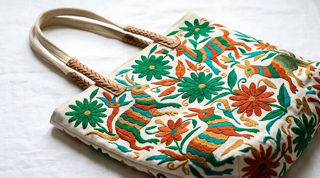 Embroidered canvas tote bag with colorful animal and floral patterns