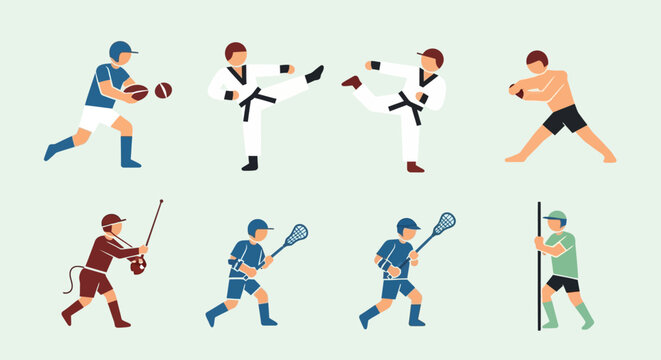 Collection of diverse sport pictograms featuring athletes engaged in various activities like rugby, martial arts, boxing, hurling, and lacrosse.