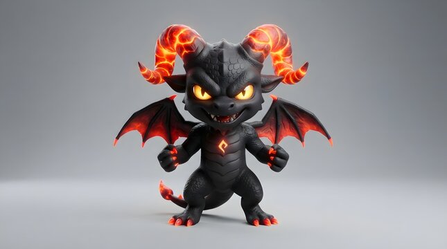 Cute fiery dragon character with glowing horns in 3D illustration