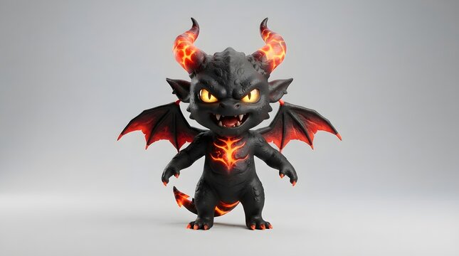 Cute fiery dragon with glowing horns and wings on gray background