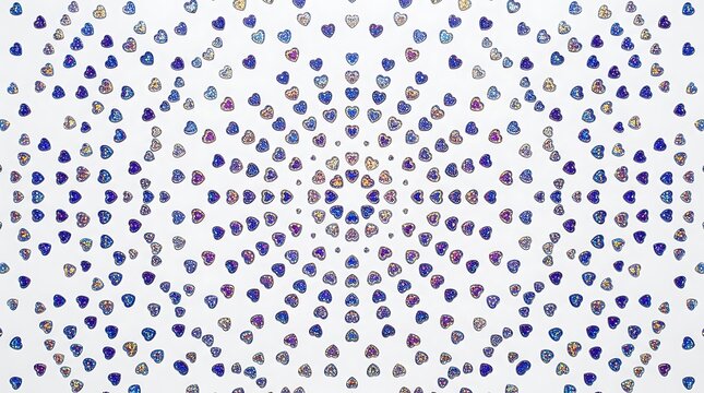Colorful glitter hearts in a radial mandala pattern on white