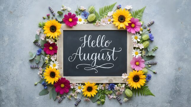 Chalkboard with Hello August Surrounded by Colorful Summer Flowers