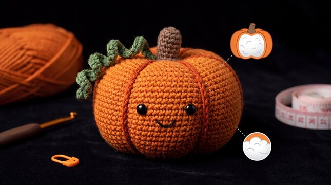 Handmade crochet pumpkin amigurumi with cute face, orange knitted autumn decoration, DIY craft hobby project with yarn and crochet hook