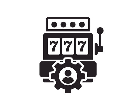 Casino slot machine icon with gear and person, gambling industry management vector symbol