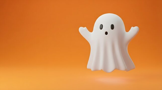 Cute cartoon ghost floating on vibrant orange background