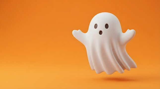 Cute 3D ghost character floating on vibrant orange background