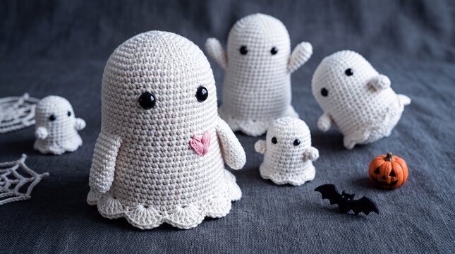 Handmade crochet ghost family for Halloween decor, white amigurumi ghosts with pink heart, cute knitted spooky characters on grey background