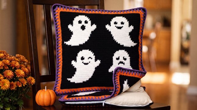 Handmade crochet Halloween ghost pillow, decorative black and white yarn cushion with orange border, cozy seasonal home decor for autumn interior design