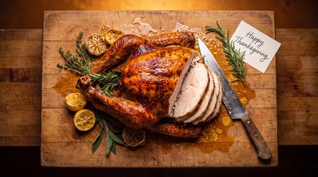 Roasted Thanksgiving turkey on rustic wooden board, sliced golden brown poultry with rosemary and garlic, festive holiday dinner with greeting card
