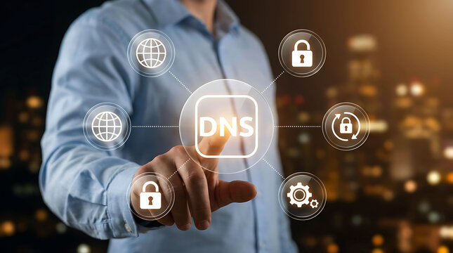 Businessman touching DNS icon on virtual screen for secure network data