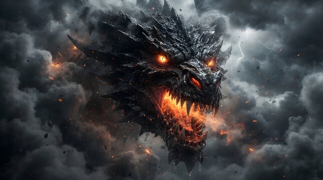 Fierce dragon head emerging from stormy clouds with fiery eyes