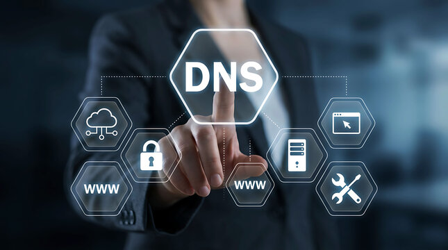 IT professional touching virtual DNS domain name system interface screen