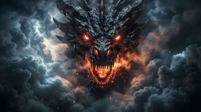 Fiery dragon head emerging from dark stormy clouds