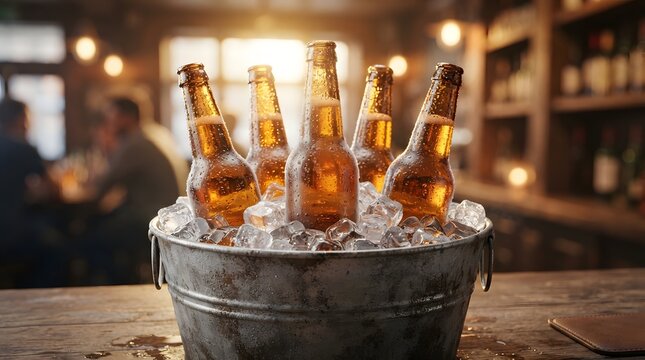 Cold beer bottles in a metal bucket with ice at rustic bar