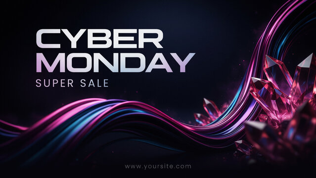 Cyber monday super sale banner featuring flowing 3d ribbons in blue and purple hues alongside ad social media download thambnail template event festive festival 2026 2027 2028