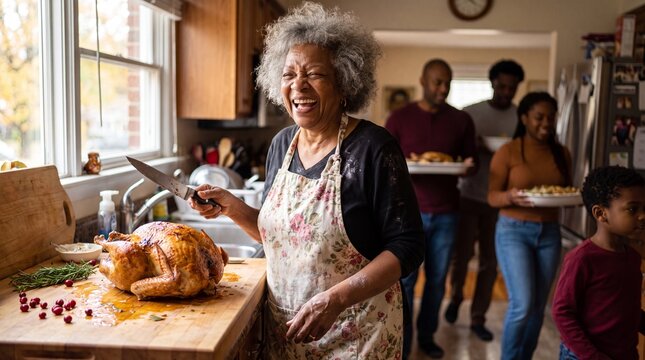Happy African American grandmother carving roasted turkey, multi-generational family gathering for Thanksgiving dinner, festive holiday meal in home kitchen