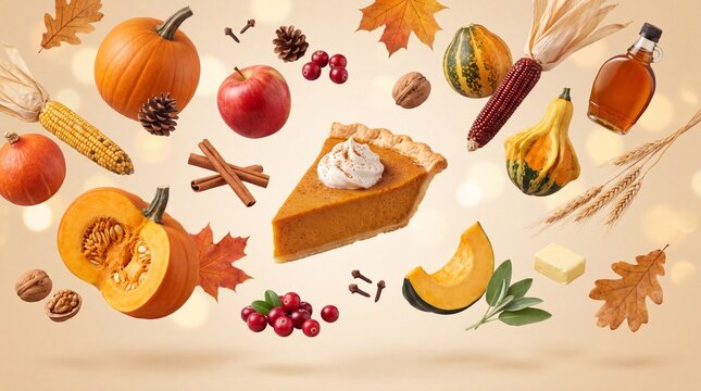 Autumn pumpkin pie slice levitating with fall harvest ingredients, flying thanksgiving food elements on beige background, seasonal baking concept