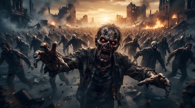 Horde of Zombies in Post-Apocalyptic Ruined City at Dusk