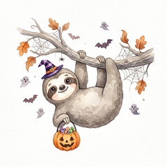 Obraz premium Cute Watercolor Halloween Sloth Hanging on Tree Branch Trick or Treating