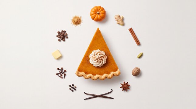 Pumpkin pie slice with whipped cream, autumn spices arranged in a circle on white background, seasonal thanksgiving dessert ingredients