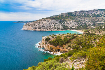 Fototapeta premium Panorama of seascape, waves and coast, Thassos Island, Greece