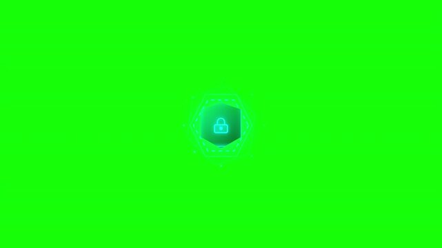 Animated security shield with padlock icon glowing on a green screen