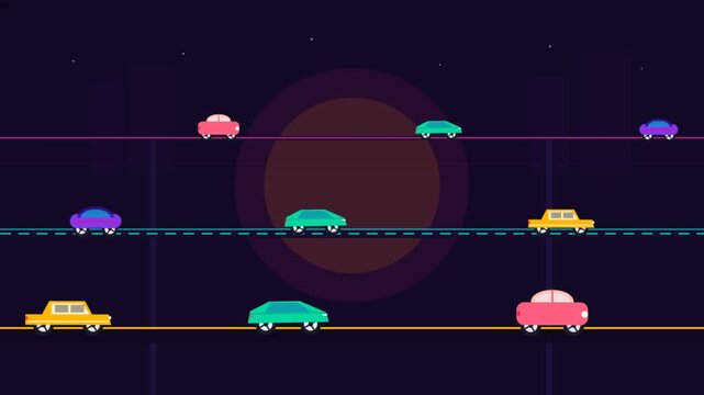 Animated Cars Driving on Multiple Roads at Night.