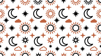 Celestial pattern sun moon and stars seamless repeat for modern home decor and textile design © Onik