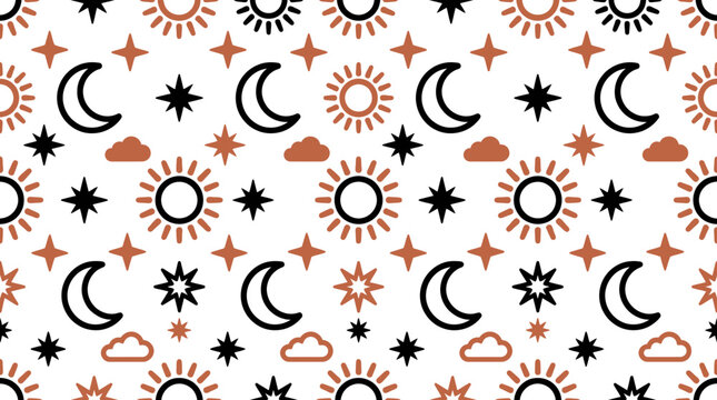 Celestial pattern sun moon and stars seamless repeat for modern home decor and textile design