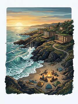 Group of friends camping on a beach with modern cliffside cabins