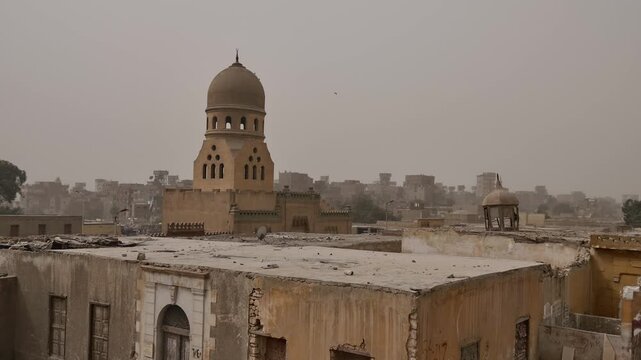 Cairo City of the Dead, Egypt, one of world's largest cemeteries, historic Islamic domes and mausoleums rising above residential tomb buildings and palm trees.