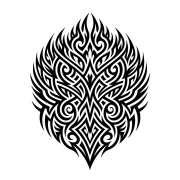 Symmetrical Tribal Tattoo Design Featuring Intricate Black Line Art and Abstract Wings Pattern