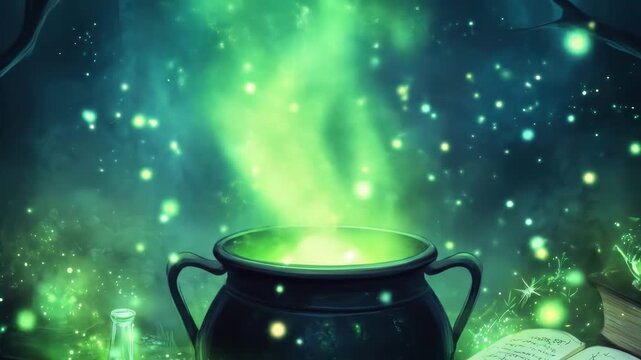Enchanted forest cauldron with magical green mist and mysterious potion