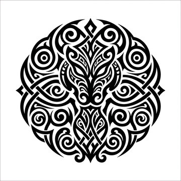 Intricate Celtic Tribal Wolf Head Circular Ornament Tattoo Design Isolated on White Background