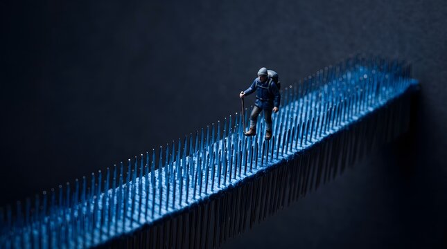 A Lone Figure on a Needle Bridge: A solitary backpacker traverses a precarious bridge made of blue sewing needles, symbolizing the challenges and risks of a journey into the unknown.