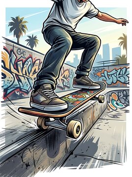 Skateboarder performing a dynamic grind trick in an urban park